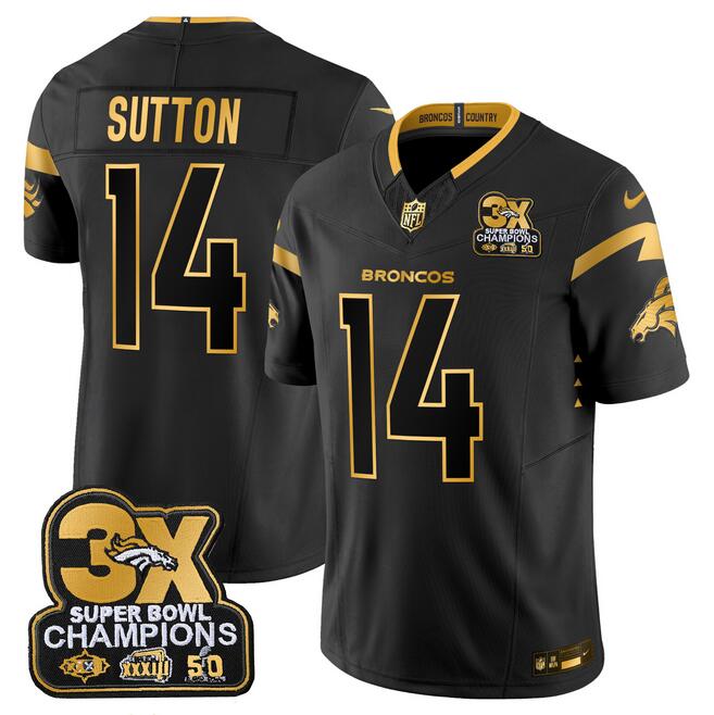 Men's Denver Broncos #14 Courtland Sutton Black/Gold F.U.S.E. 3-Time Champions Patch Vapor Limited Stitched Football Jersey Men's Denver Broncos #14 Courtland Sutton Black/Gold F.U.S.E. 3-Time Champions Patch Vapor Limited Stitched Football Jersey